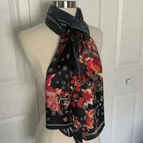 Nanette Lepore 100% silk scarf, dark gray with floral and bird print - Picture 4 of 8